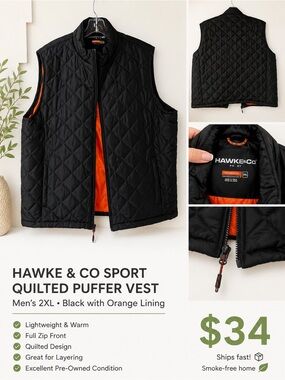 Hawke & Co Black Quilted Puffer Vest with Orange Lining